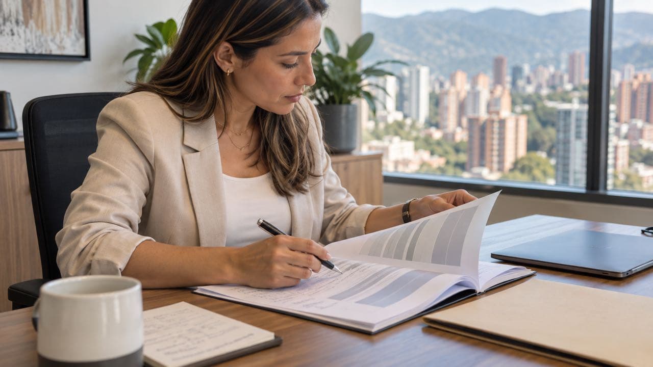 Profesional revisa un manual de funciones impreso con anotaciones sobre una mesa