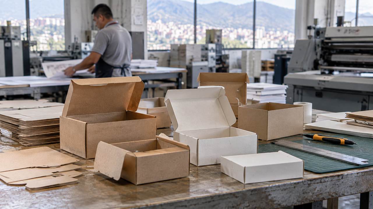 Cajas plegadizas impresas y abiertas sobre una mesa de producción