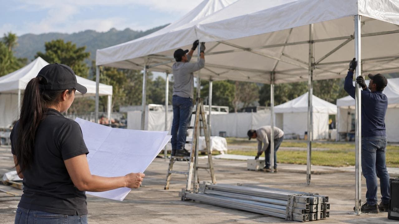 Equipo de montaje prepara una carpa blanca y revisa un plano en un recinto ferial