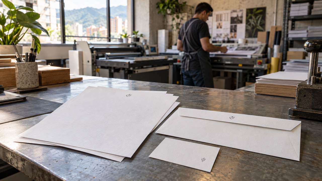 Hojas membreteadas, sobre y tarjeta de presentación sobre una mesa de trabajo