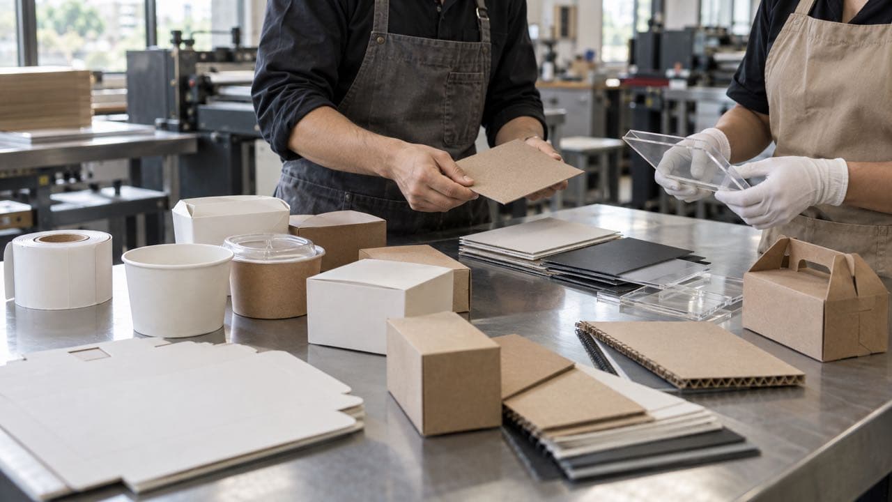 Envases de alimentos, etiquetas y cajas de muestra en una mesa de producción