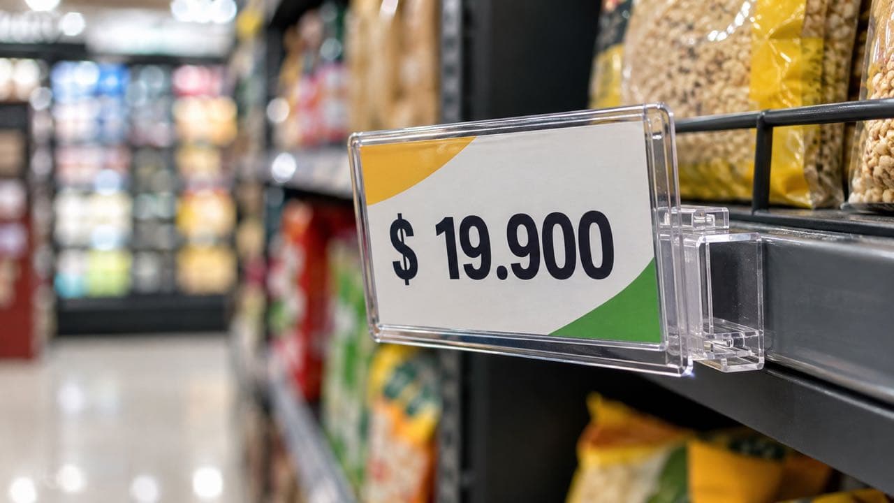 Hablador transparente con inserto de precio sobre una góndola de supermercado