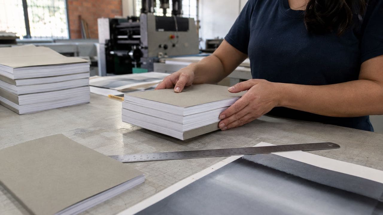 Ejemplares de un libro impresos junto a pliegos y una prueba de portada en una mesa de producción