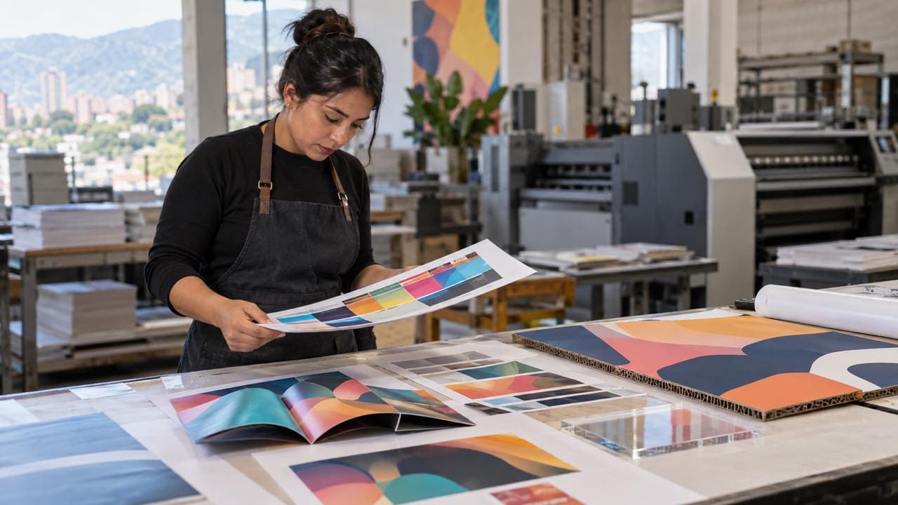 Diseñadora revisa una prueba de color y materiales de feria en una imprenta