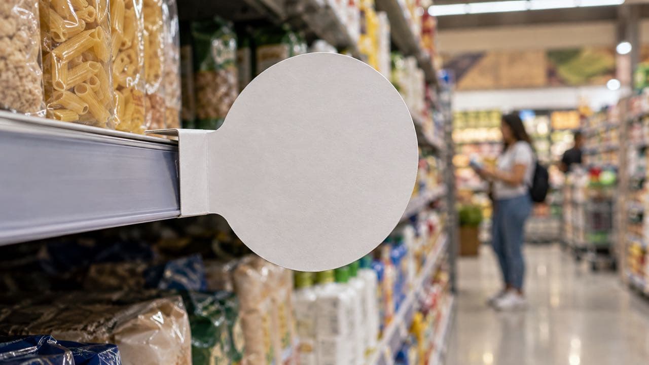 Stopper publicitario de cartón en una góndola de supermercado