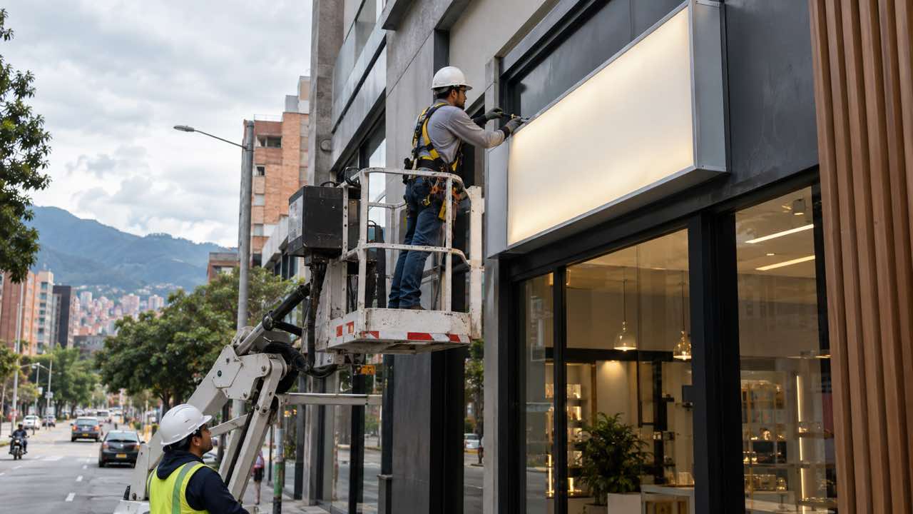Técnico instala un aviso comercial iluminado en una fachada de Medellín