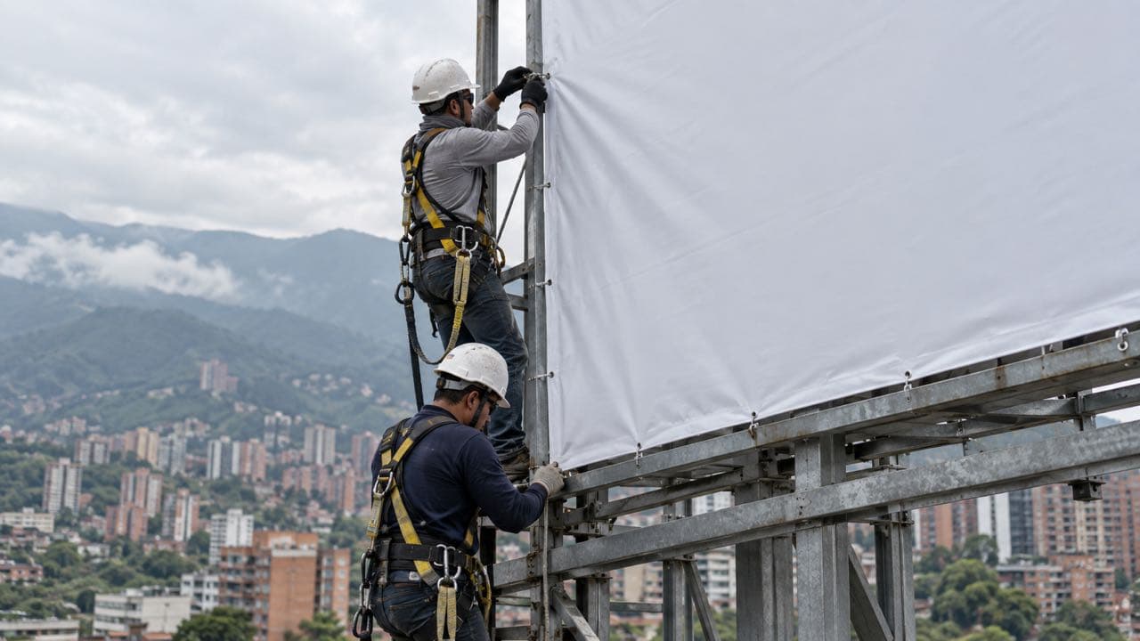 Técnicos con arnés instalan una valla publicitaria de gran formato en Medellín