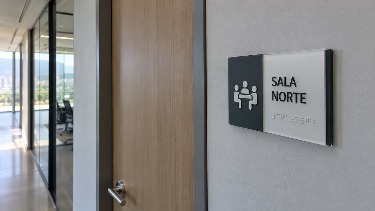 Placa modular con nombre de sala, pictograma y braille en un pasillo de oficina