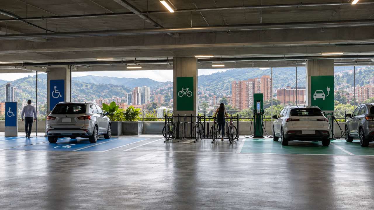 Parqueadero cubierto con cupos accesibles, para bicicletas y vehículos eléctricos señalizados
