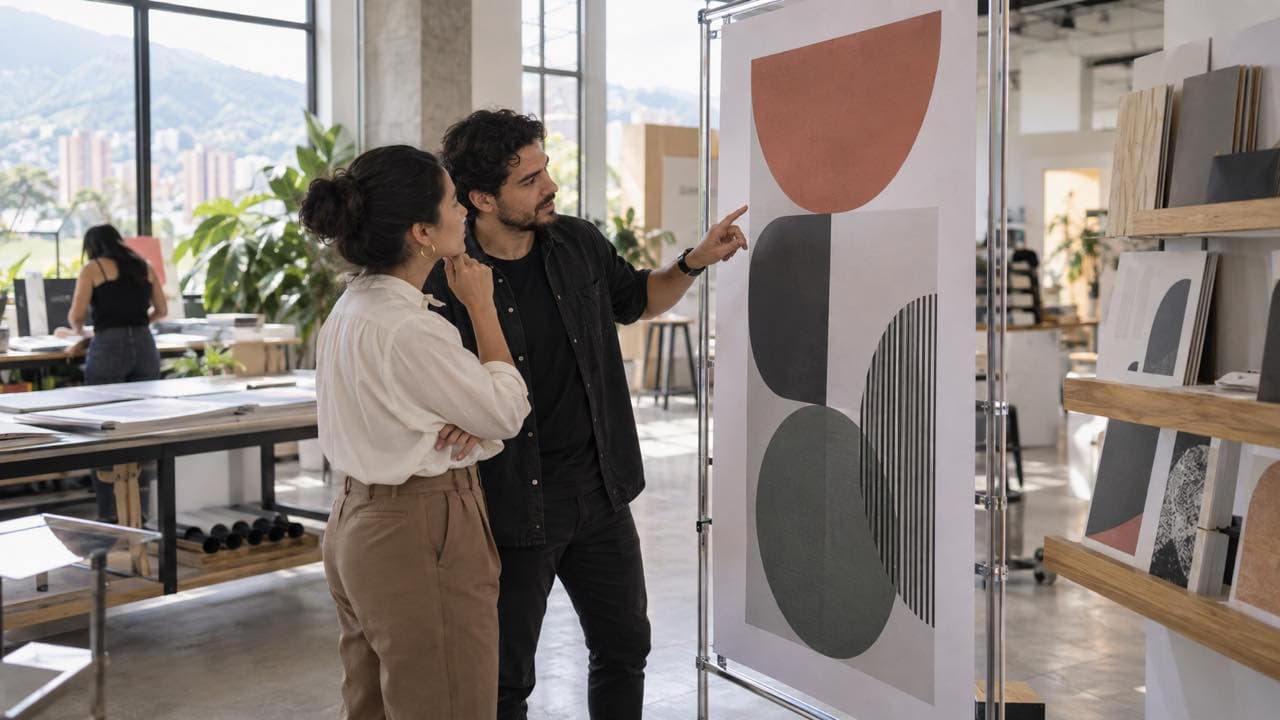 Profesionales revisan un póster de marca durante una activación comercial