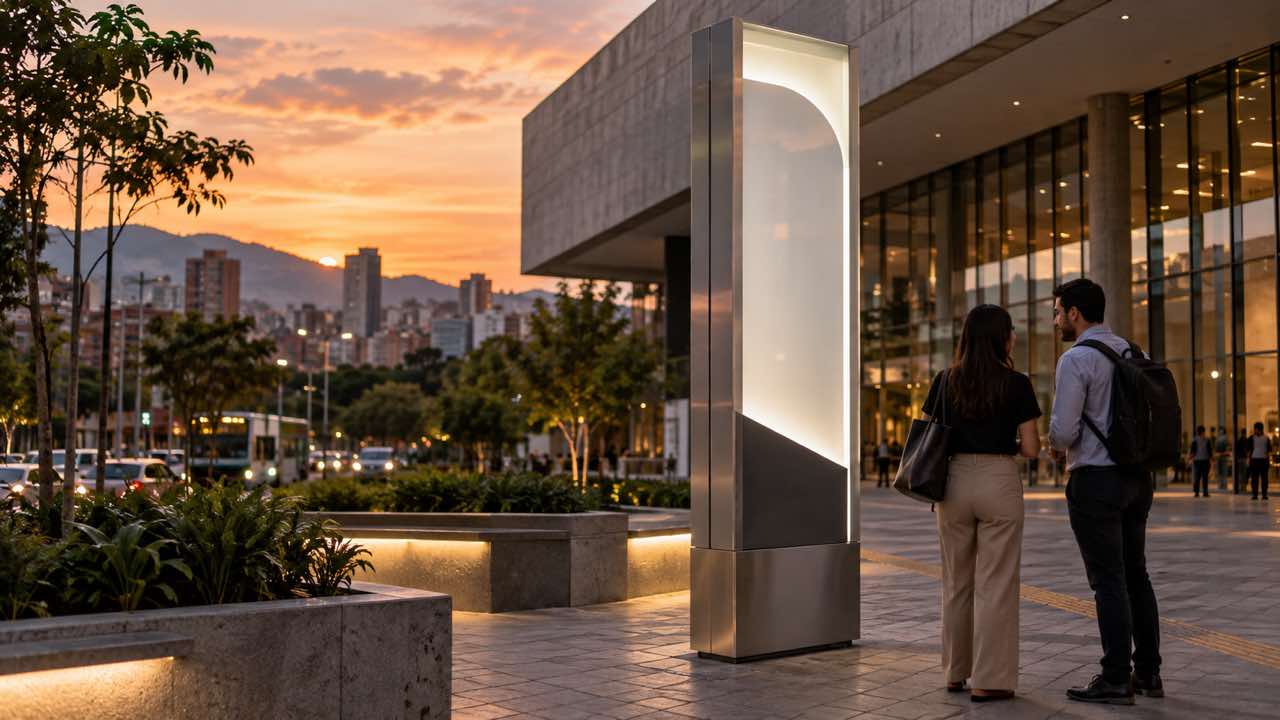 Tótem exterior iluminado junto a una vía urbana de Medellín al atardecer