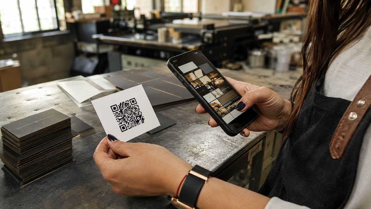 Tarjeta de presentación con QR junto a un teléfono que muestra un portafolio móvil