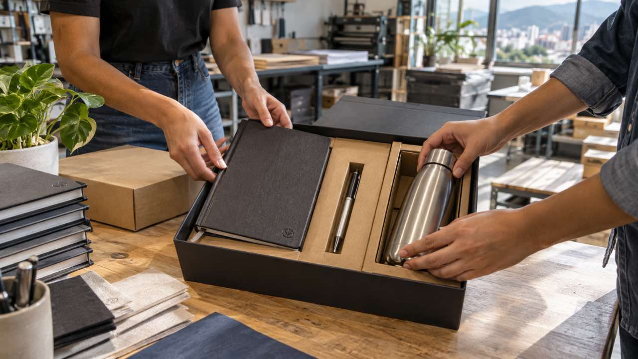 Kit corporativo con libreta, termo, bolígrafo y caja personalizada sobre una mesa