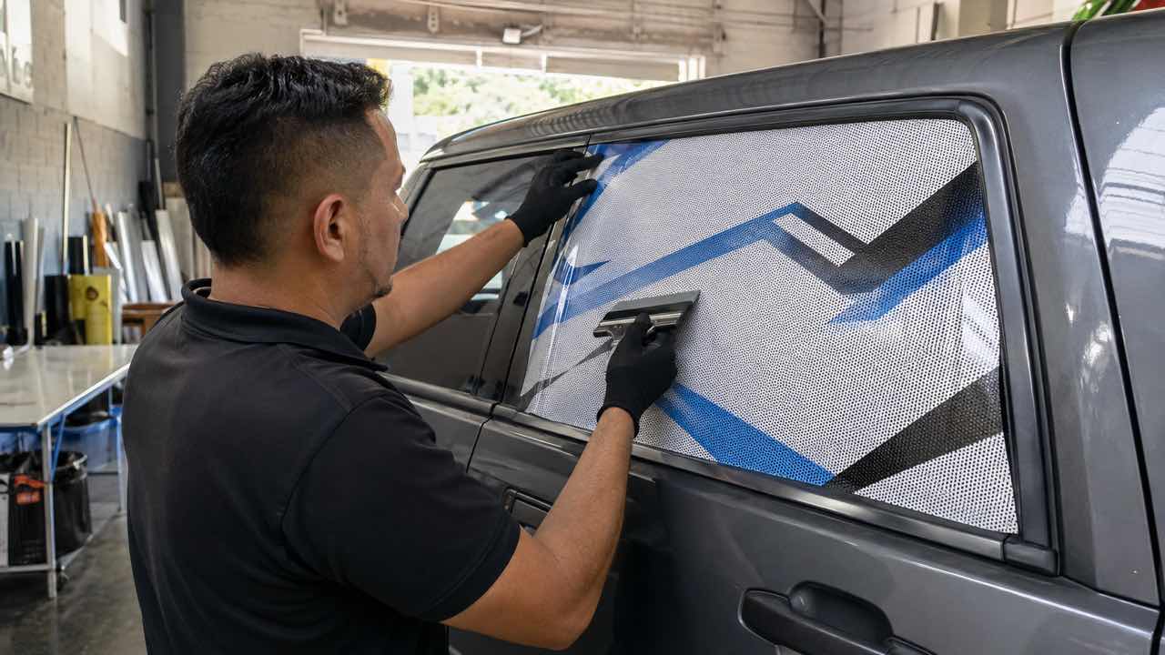 Instalador aplica película microperforada impresa en la ventana lateral de una camioneta