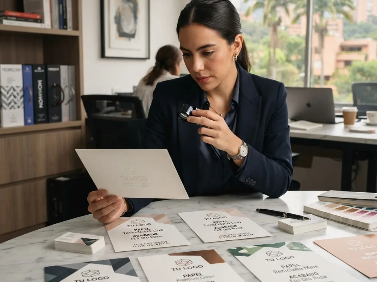 Specialist comparing paper stocks and finishes for a graphic project in Medellín