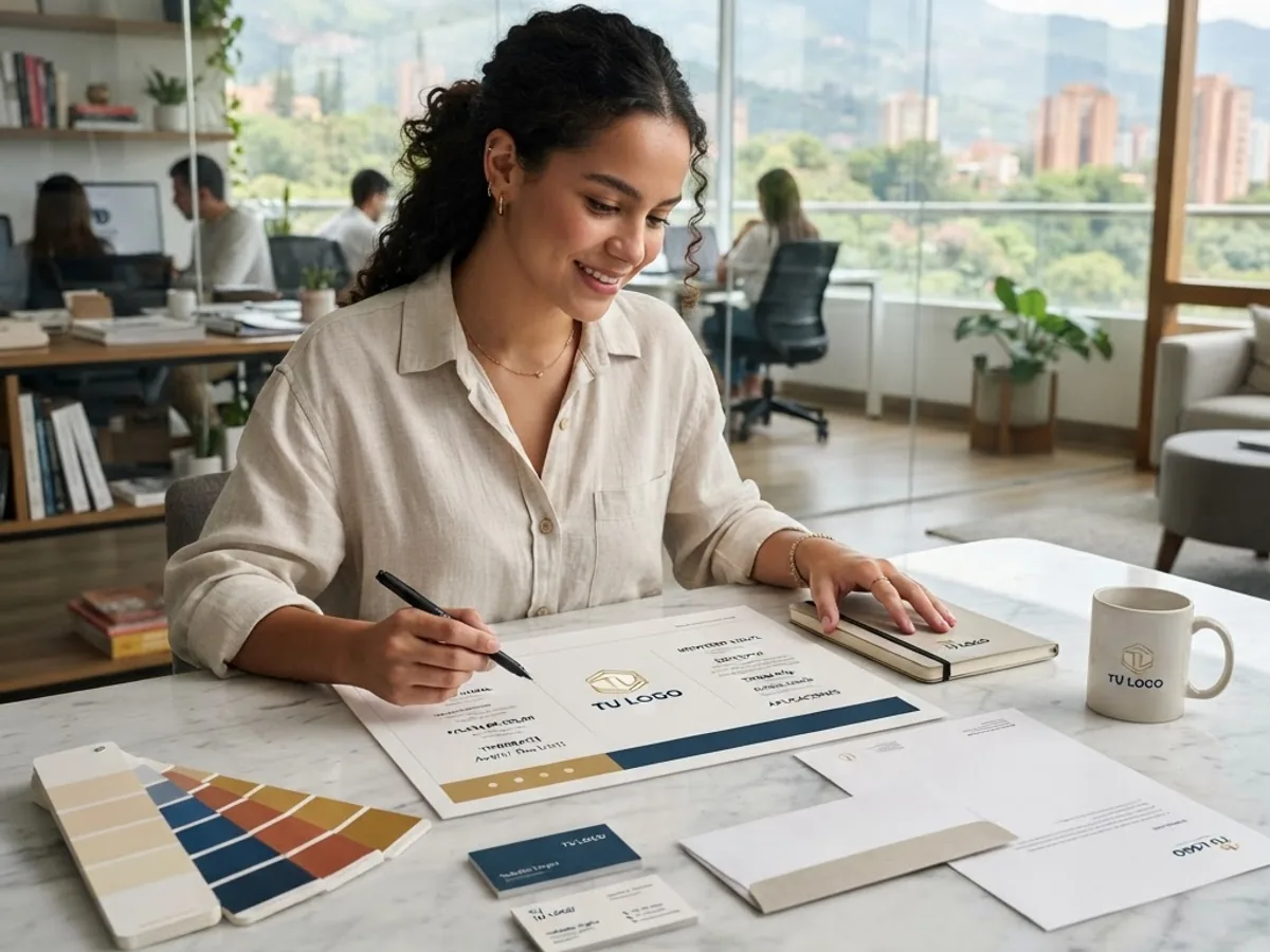 Designer reviewing visual identity and printed pieces in a premium Medellín studio