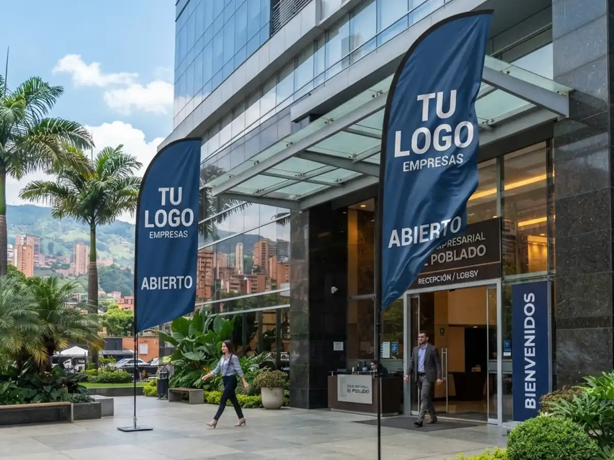 Outdoor advertising flags with durable printing in Medellín