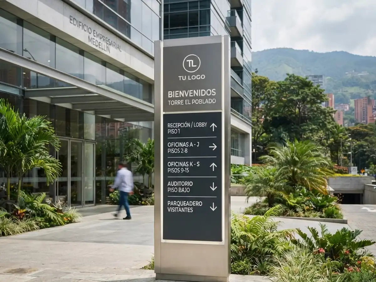 Exterior wayfinding totems for businesses in Medellín