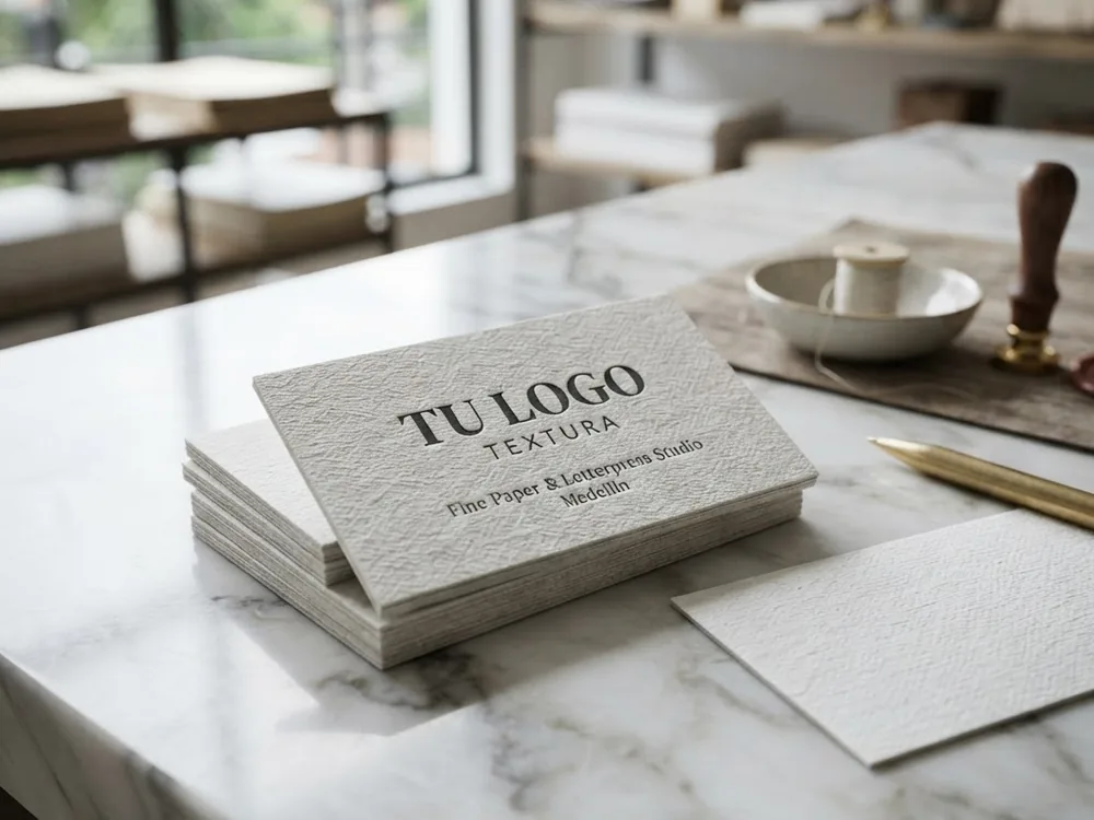 Business cards on linen paper with a fine tactile texture