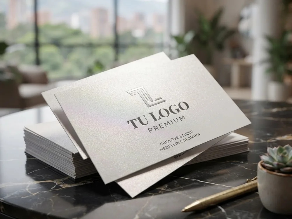 Business cards on pearlescent paper with a subtle shimmer